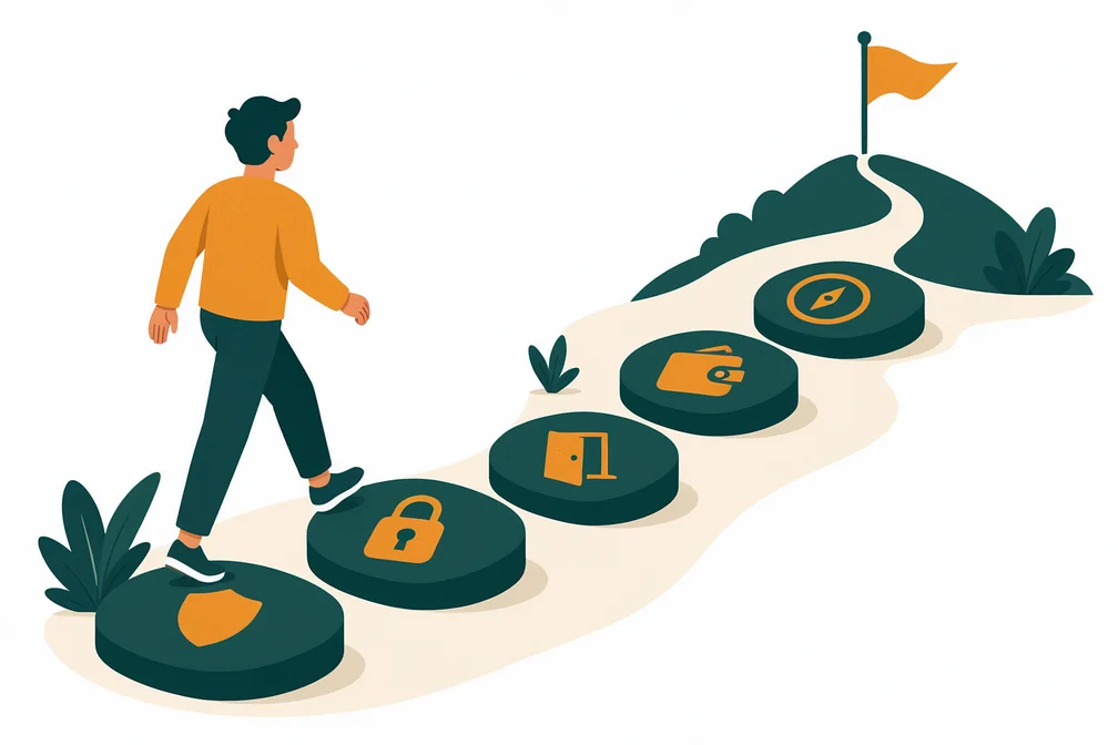 Ilustração de uma pessoa percorrendo cinco etapas de avaliação de segurança antes de decidir