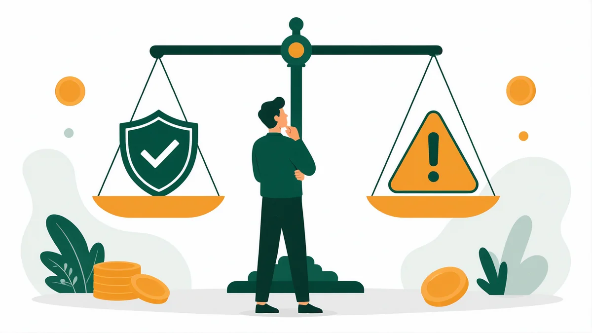 Ilustração de uma balança equilibrando segurança e riscos, com uma pessoa avaliando os dois lados