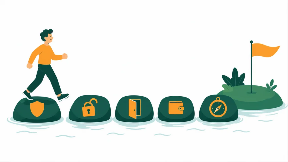 Ilustração de uma pessoa atravessando cinco etapas de avaliação antes de escolher uma corretora