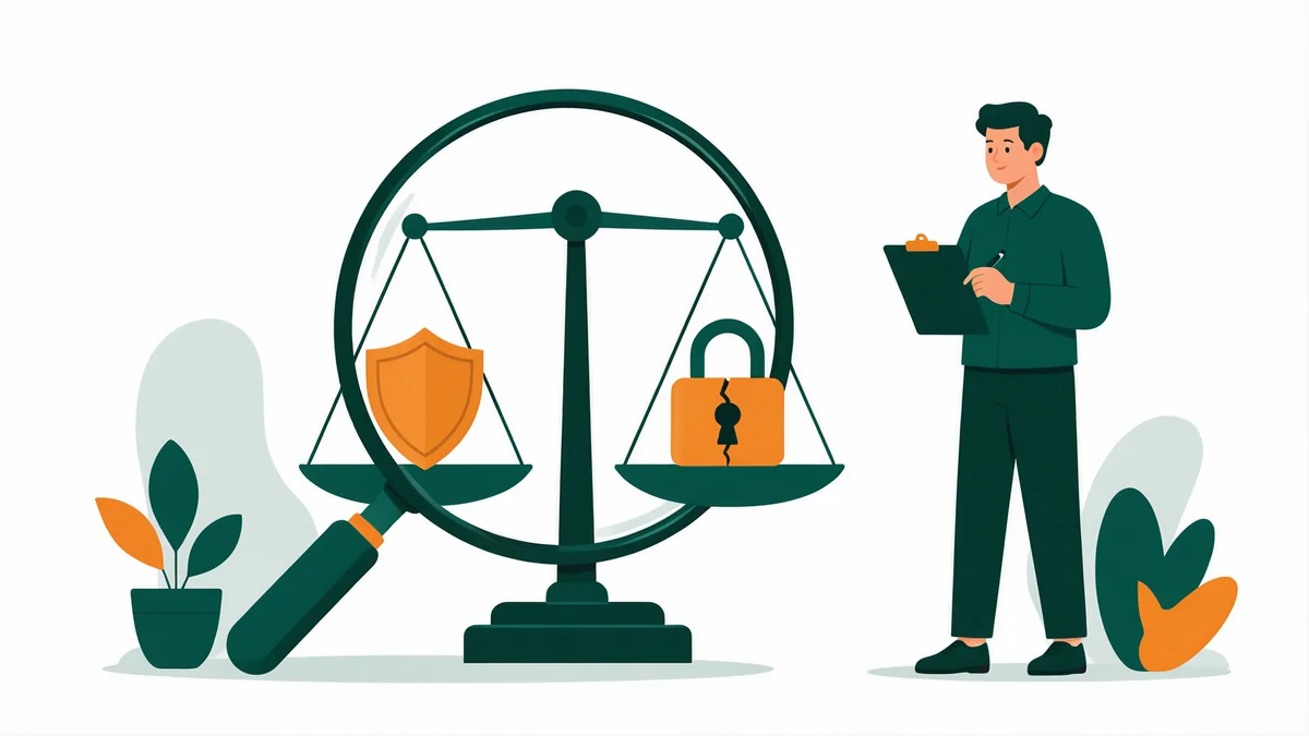 Ilustração de uma lupa examinando uma balança com um escudo de um lado e um cadeado rachado do outro