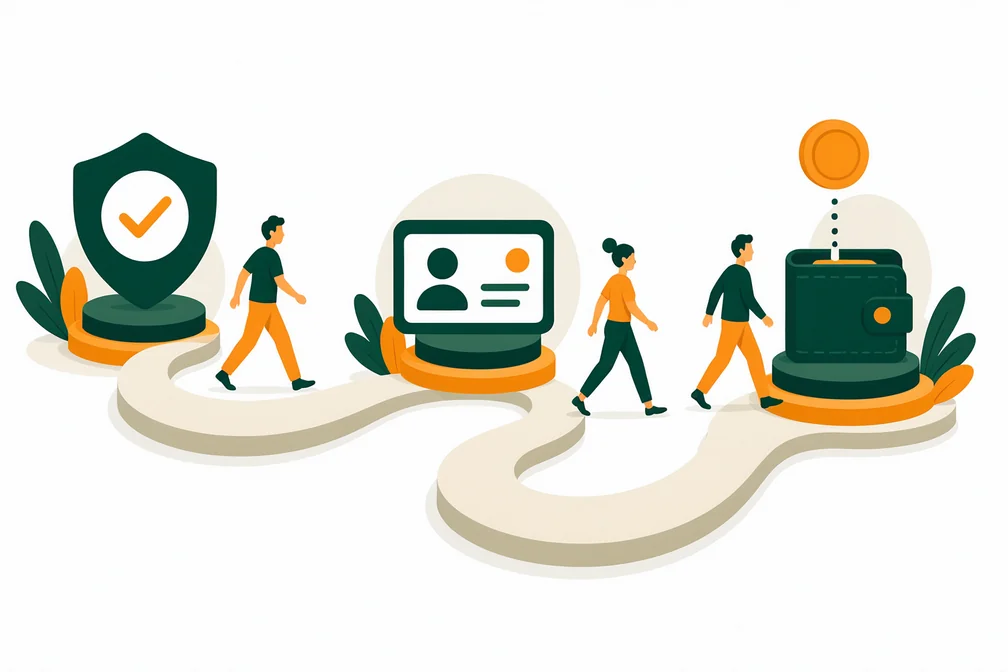 Ilustração das três etapas: cadastro, verificação de identidade e primeiro depósito