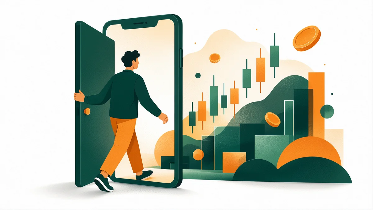 Ilustração de uma pessoa abrindo conta em uma corretora de criptomoedas pelo celular