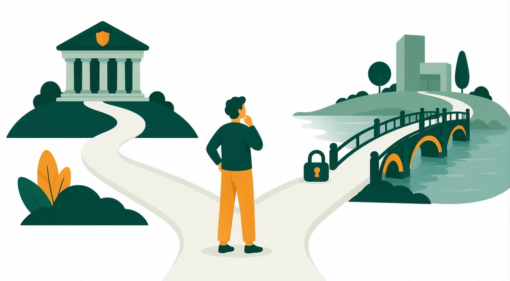 Ilustração de uma pessoa decidindo entre uma plataforma com entidade local e uma plataforma estrangeira