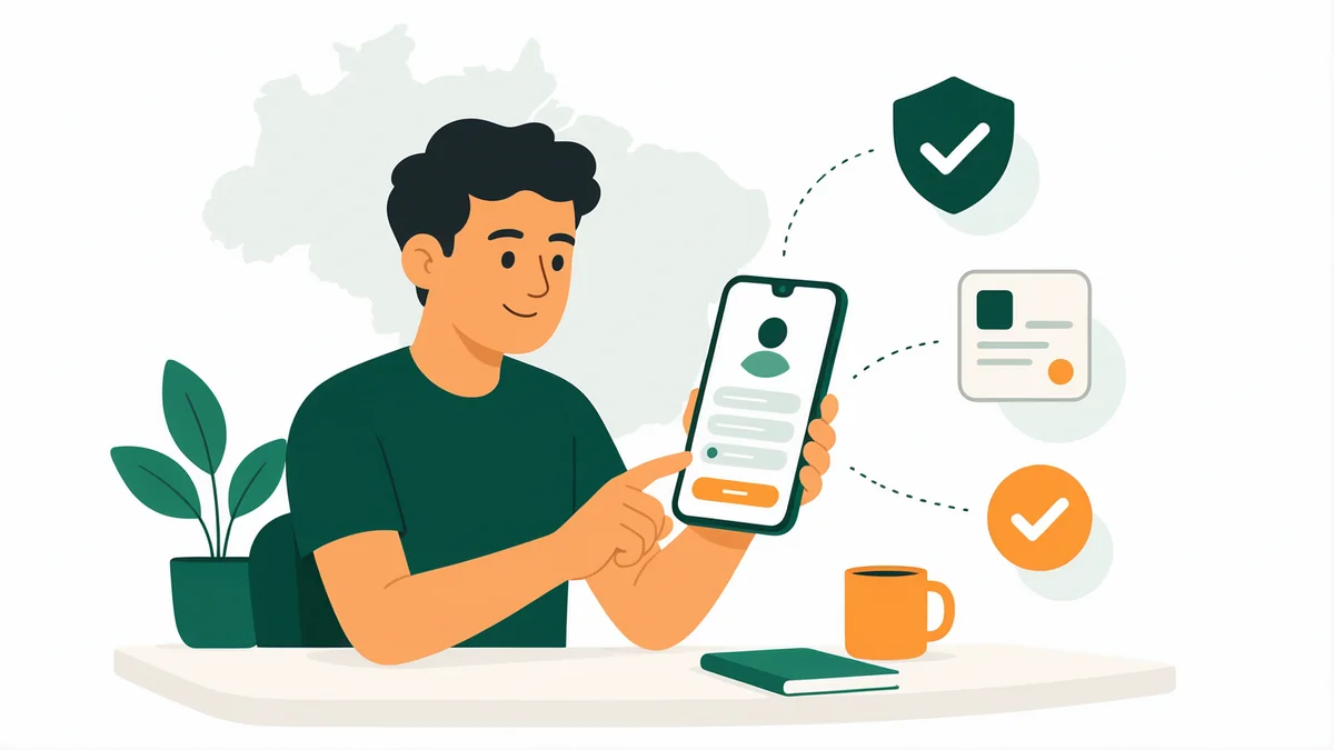 Ilustração de uma pessoa criando conta em corretora de criptomoedas pelo celular no Brasil