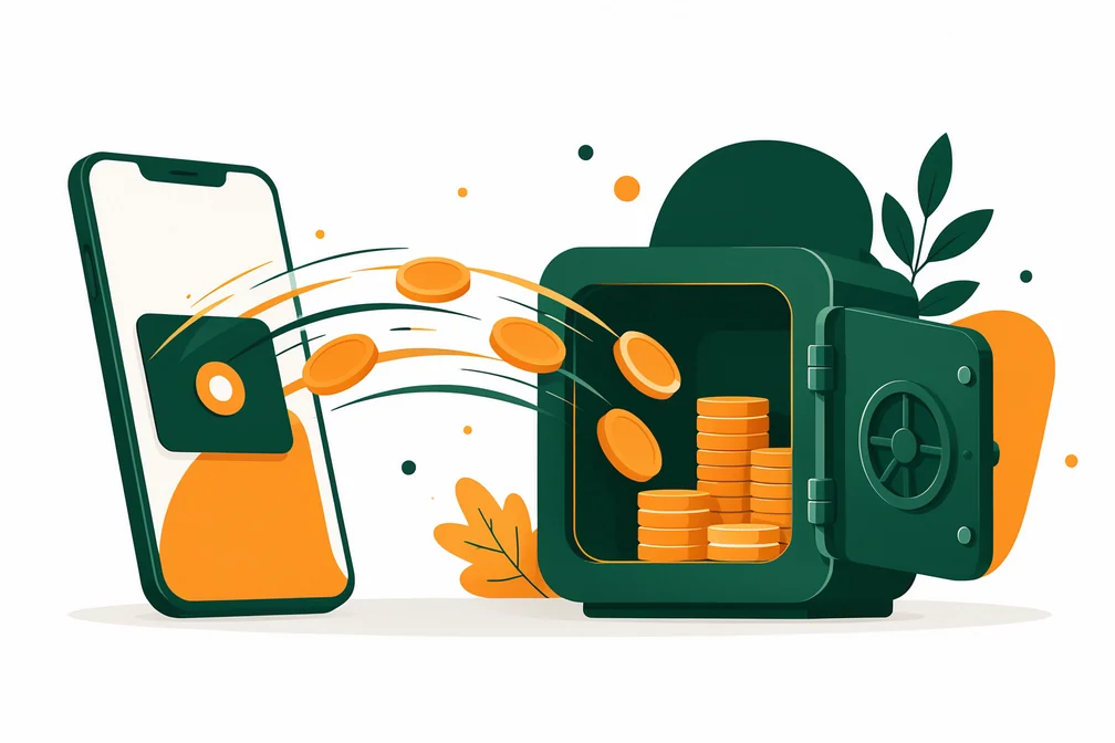 Ilustração de pagamento instantâneo saindo de um celular para um cofre de moedas digitais, representando depósito via PIX