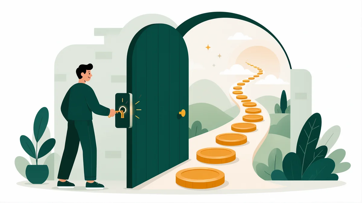 Ilustração de um portão se abrindo para um caminho de moedas, representando o cadastro na Gate com código de indicação