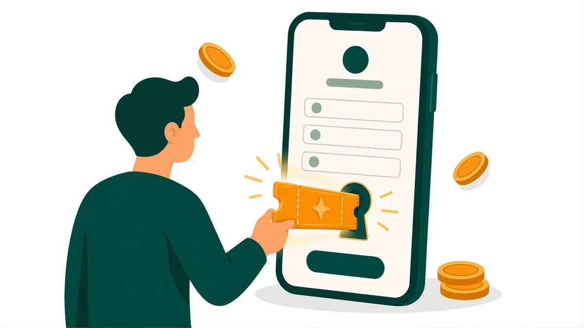 Ilustração de uma pessoa inserindo um cupom de convite no formulário de cadastro da corretora pelo celular