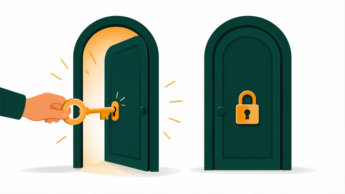 Ilustração de uma porta aberta com chave e outra trancada, representando que o código de indicação da OKX só funciona no momento do cadastro