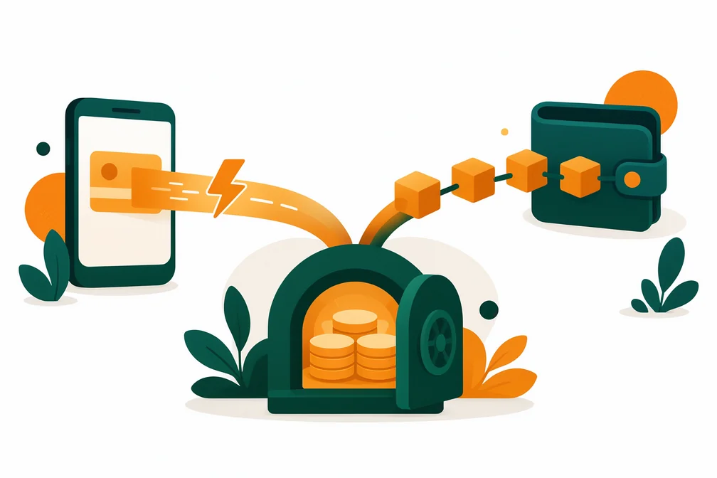 Ilustração de dois caminhos de depósito, pagamento instantâneo e transferência de cripto, convergindo para um cofre