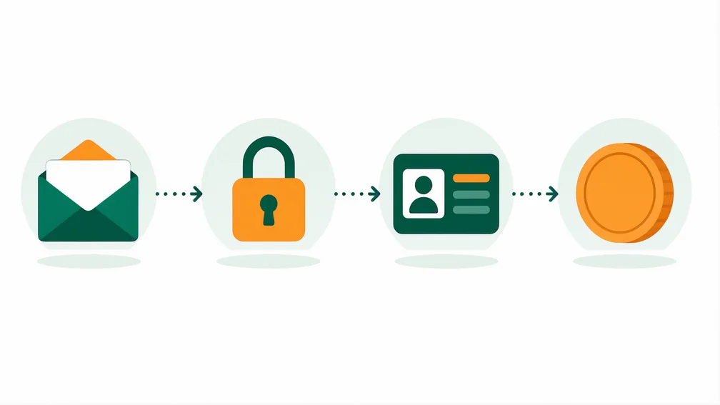 Etapas do cadastro em uma corretora: e-mail, senha, verificação de identidade e primeiro depósito