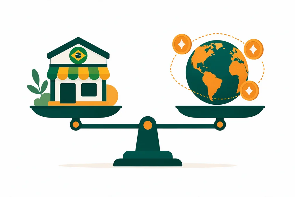 Balança equilibrada comparando corretoras brasileiras e corretoras internacionais de criptomoedas
