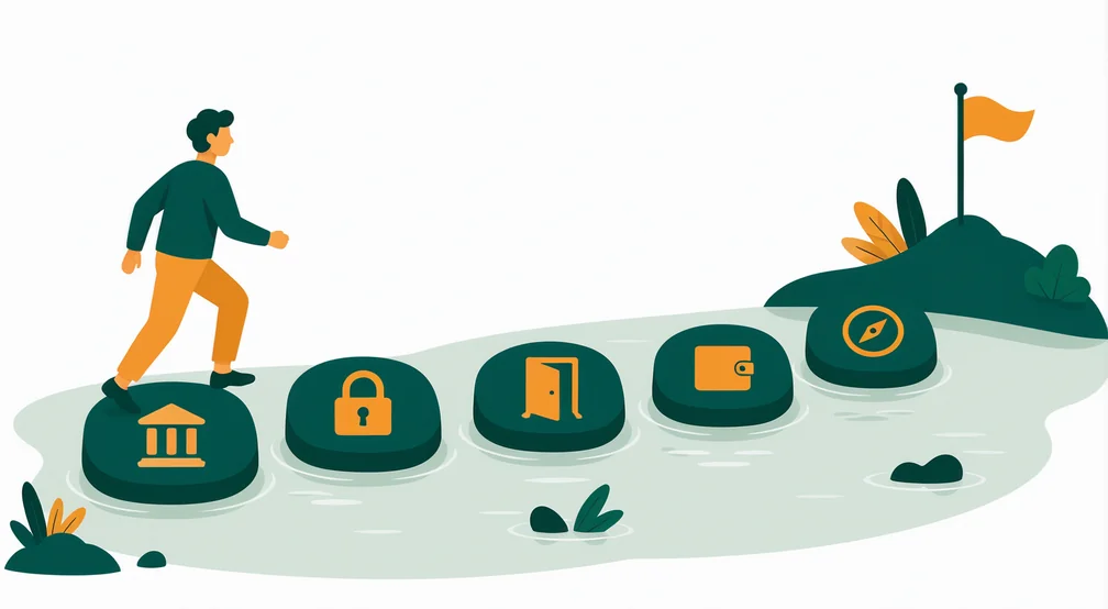 Ilustração de uma pessoa atravessando cinco etapas de avaliação antes de escolher uma corretora