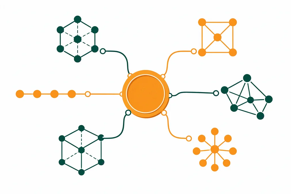 Ilustração de uma moeda conectada a várias redes diferentes, representando o USDT em múltiplas blockchains