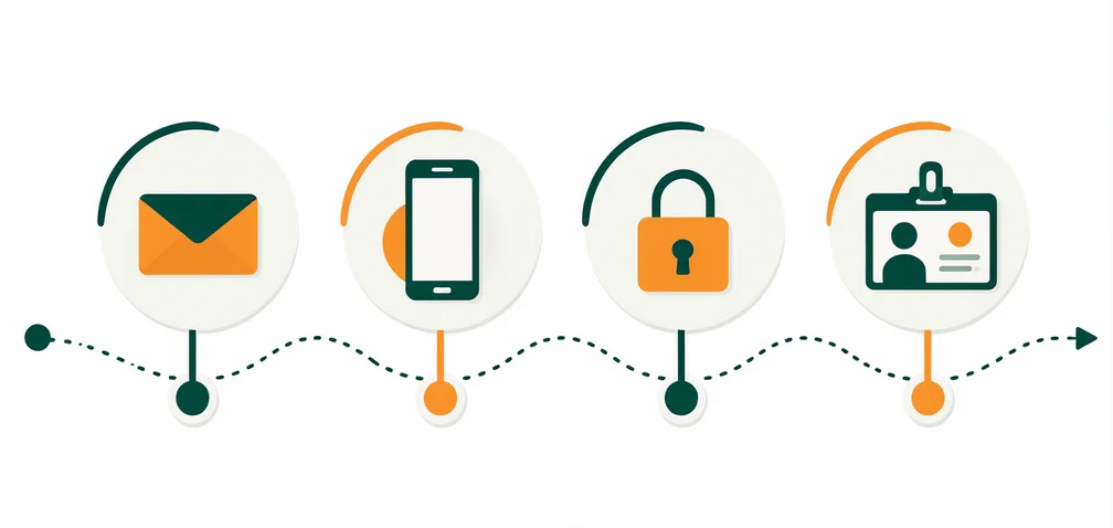 Ilustração das etapas de cadastro: e-mail, celular, senha e verificação de identidade