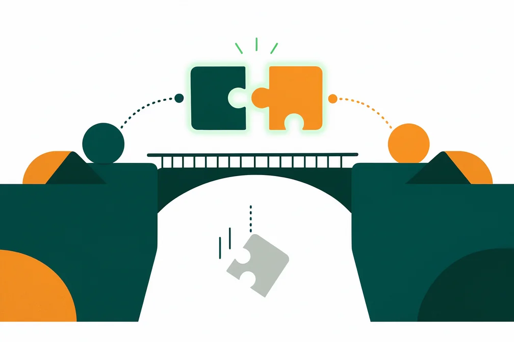 Ilustração de duas peças de quebra-cabeça sobre uma ponte, representando a compatibilidade de rede entre origem e destino do saque