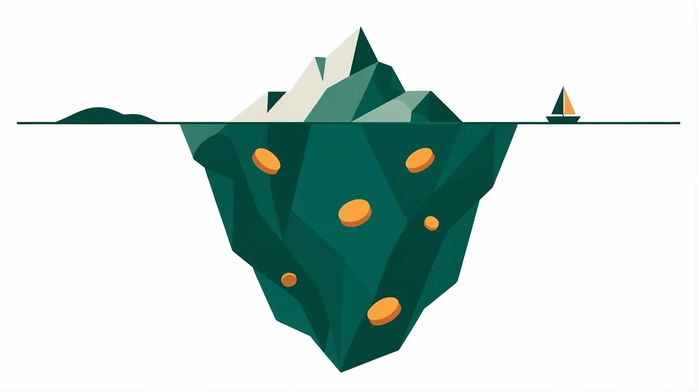 Ilustração de um iceberg representando custos visíveis e custos escondidos das corretoras de criptomoedas