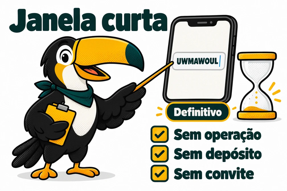 Tuca aponta o campo do código UWMAWOUL na BingX e lembra que a janela fecha na primeira movimentação da conta