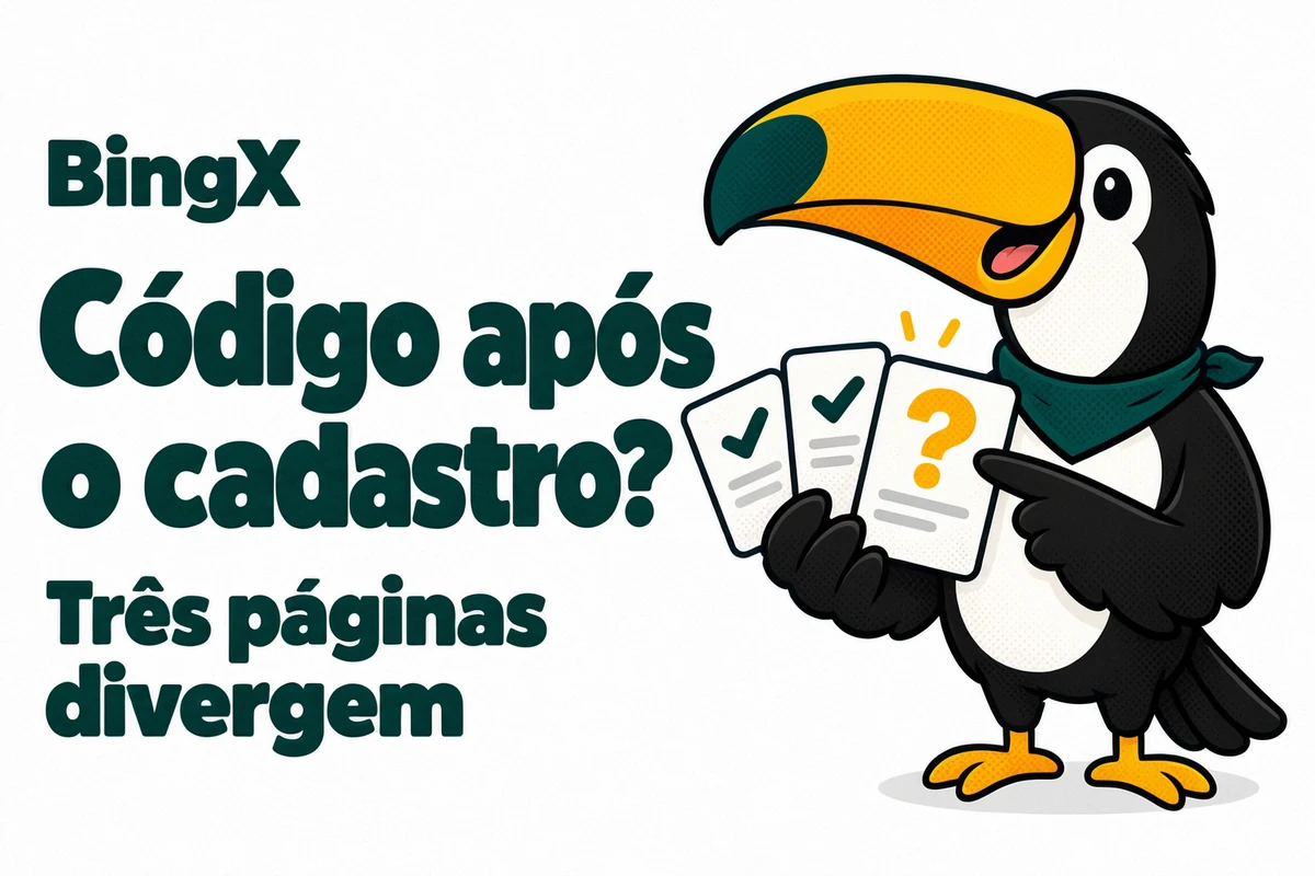 Tuca compara as três páginas oficiais da BingX que divergem sobre o código de indicação depois do cadastro