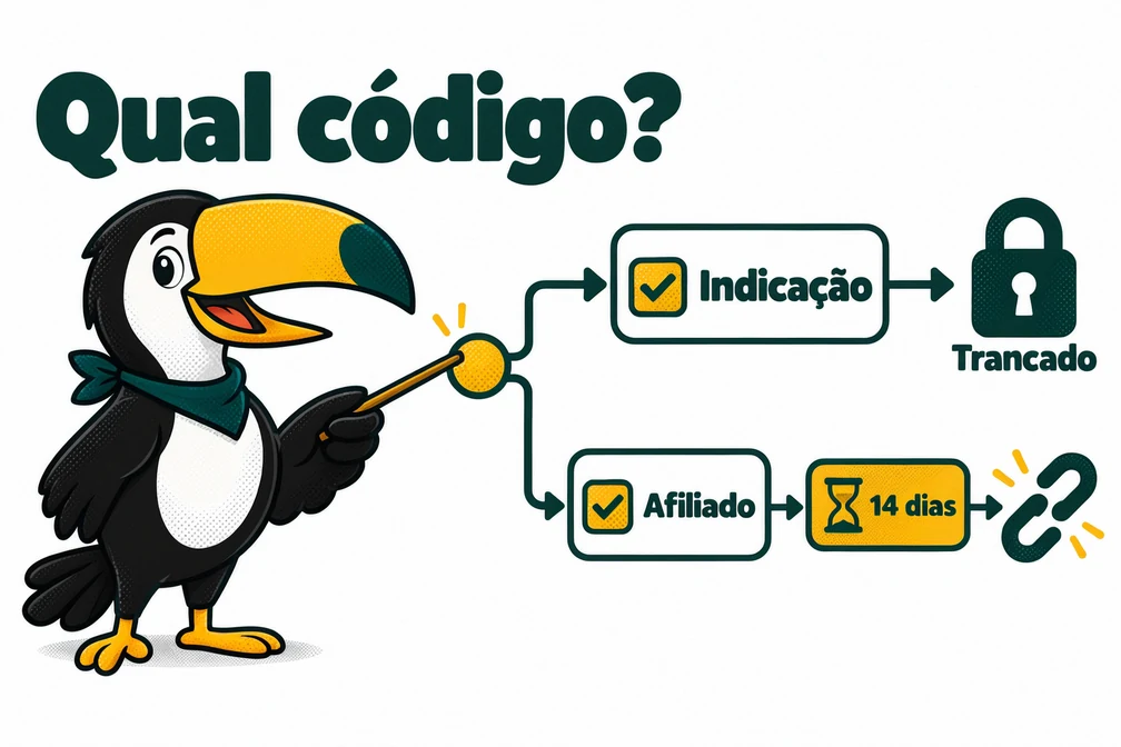 Tuca explica o fluxo da Bybit: código de indicação trancado e código de Afiliado com prazo de 14 dias