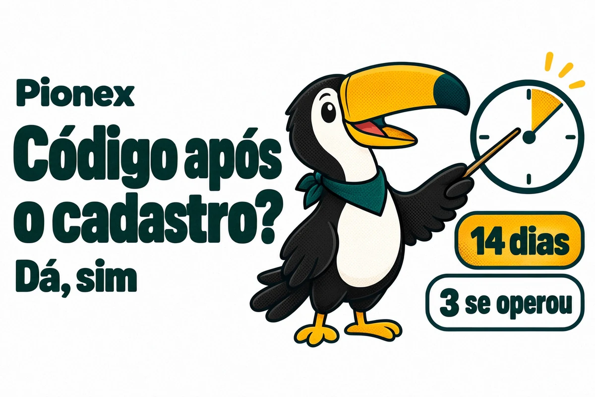 Tuca mostra o prazo da Pionex para o código de indicação depois do cadastro: 14 dias ou 3 se já operou