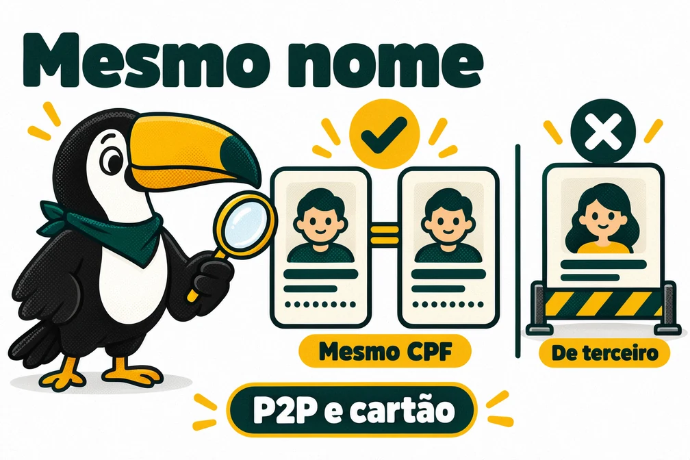 Tuca compara documentos e lembra que na BingX quem paga precisa ter o mesmo nome e CPF da conta