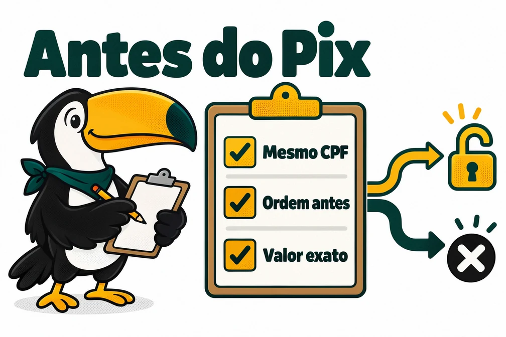 Tuca confere as três regras do depósito via Pix na Bitget: mesmo CPF, ordem antes e valor exato
