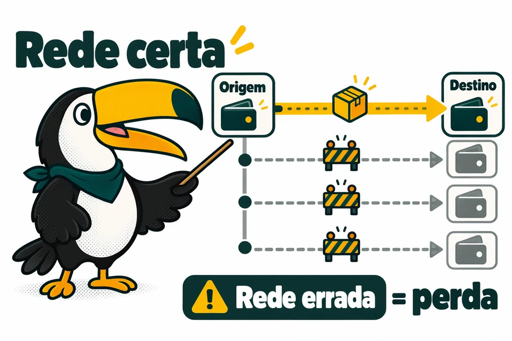 Tuca mostra que é preciso escolher a mesma rede na origem e no destino ao depositar cripto na Bybit