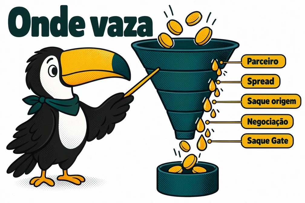 Tuca aponta os cinco pontos de custo entre o depósito em reais e o saldo final na Gate