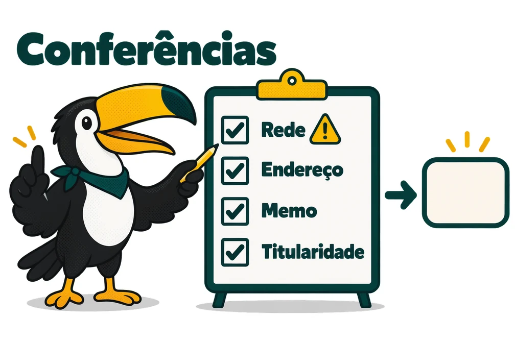 Tuca confere rede, endereço, memo e titularidade antes de depositar na MEXC