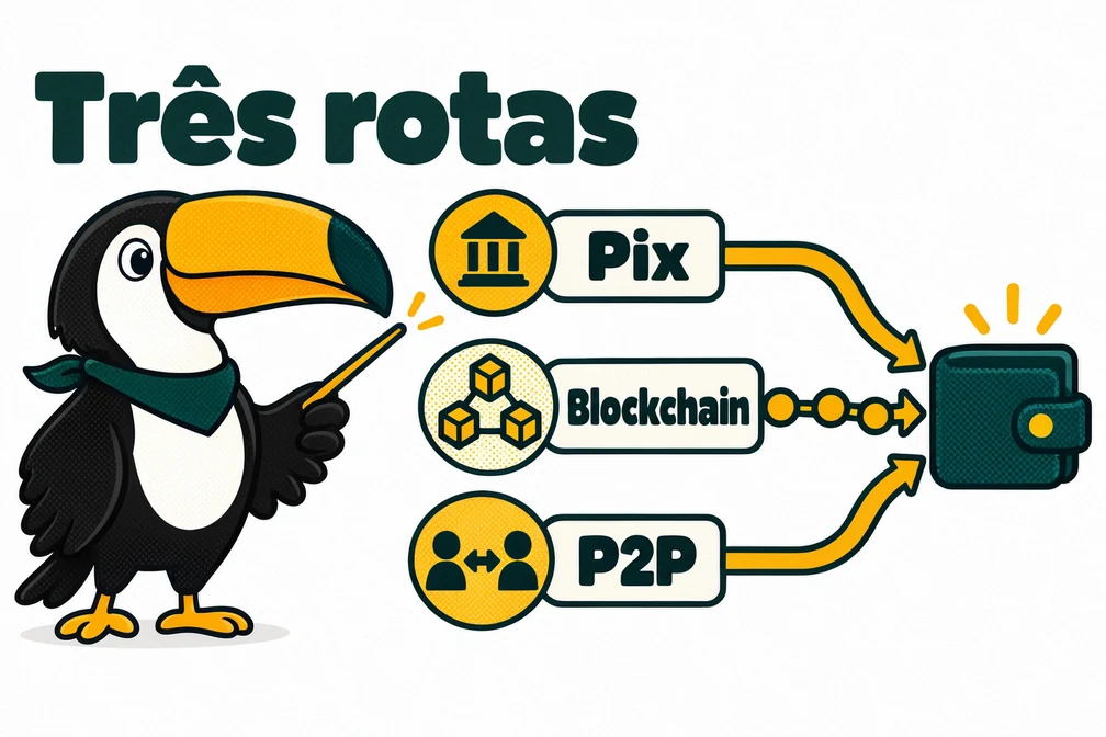 Tuca apresenta as três rotas para depositar na OKX: Pix, blockchain e P2P