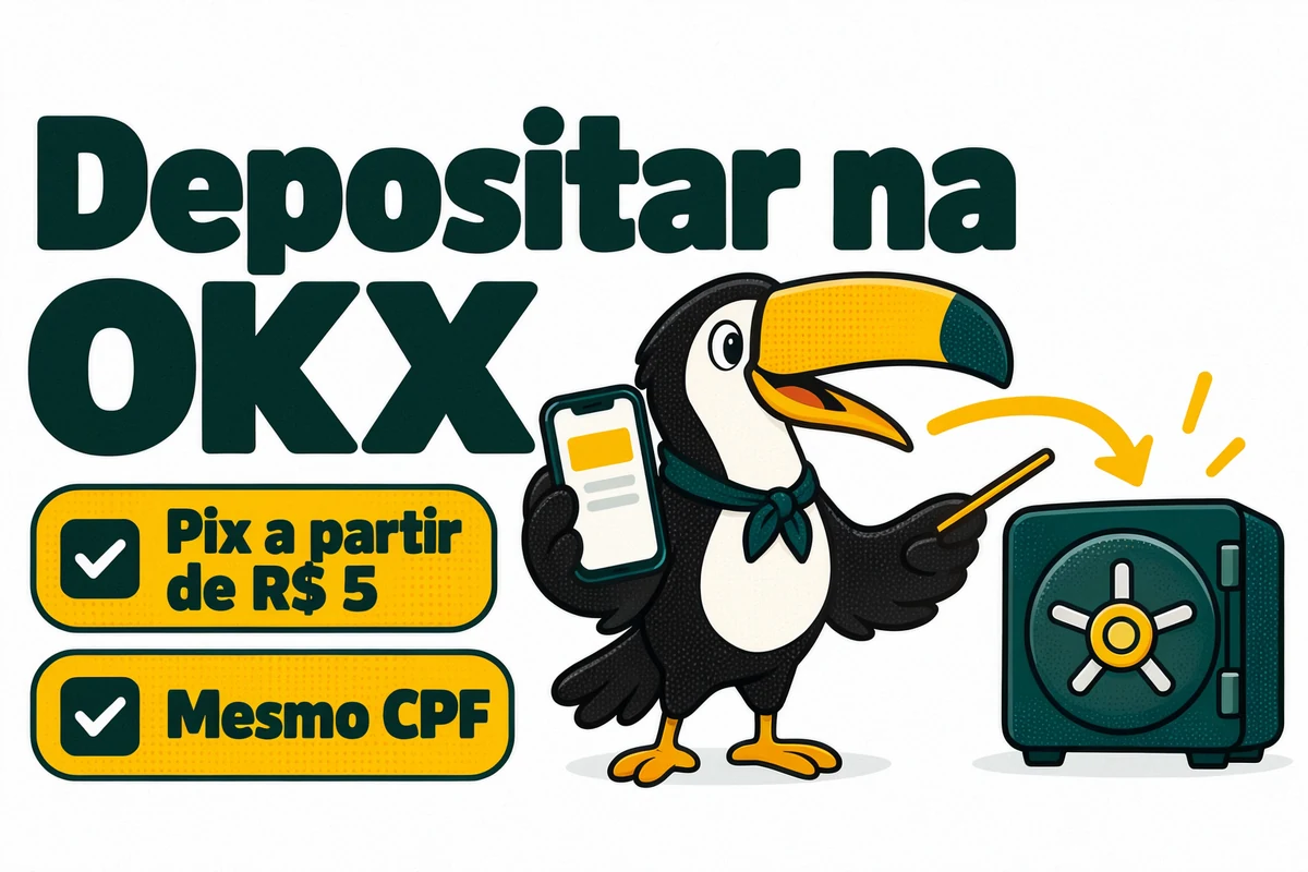 Tuca mostra o depósito via Pix na OKX a partir de R$ 5 com nome e CPF iguais aos da conta