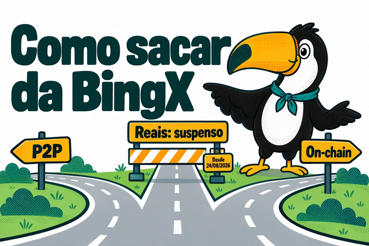 Tuca mostra que o saque em reais da BingX está suspenso desde 24/08/2026 e as rotas P2P e on-chain
