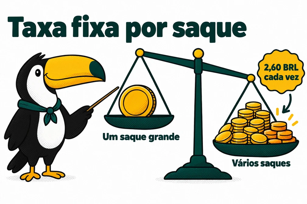 Tuca compara um saque grande com vários saques pequenos na Bitget, pagando 2,60 BRL cada vez
