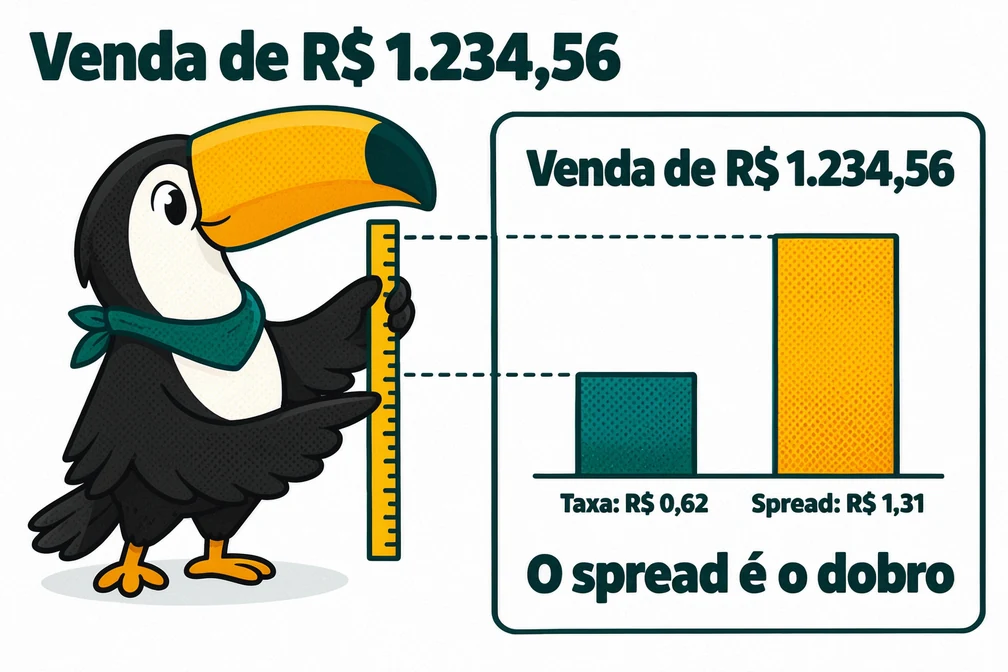 Tuca compara a taxa de R$ 0,62 com o spread de R$ 1,31 numa venda de R$ 1.234,56 na MEXC