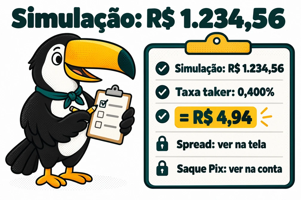 Tuca simula o saque de R$ 1.234,56 na OKX: taxa taker de 0,400%, ou R$ 4,94