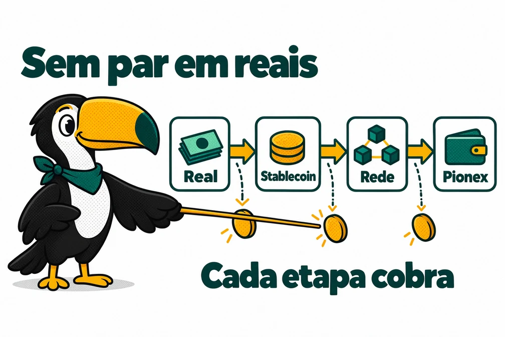 Tuca mostra o caminho do real até a Pionex, sem par em reais, com um custo em cada etapa