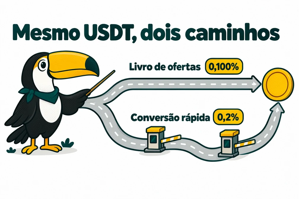 Tuca compara comprar USDT na BingX pelo livro de ofertas a 0,100% ou pela conversão rápida a 0,2%