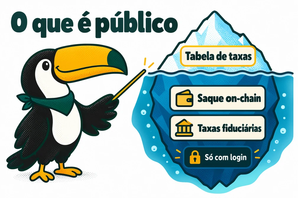 Tuca mostra que na Bybit a tabela de taxas é pública, mas saque on-chain e taxas fiduciárias exigem login
