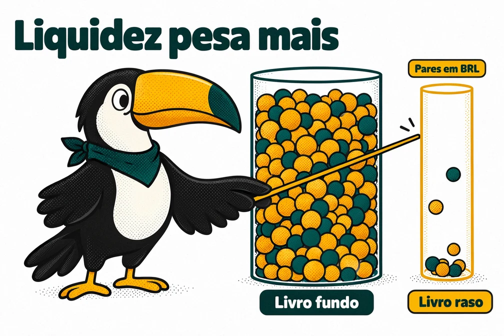 Tuca compara um livro de ofertas fundo e um raso: nos pares em BRL da MEXC a liquidez pesa mais que a taxa