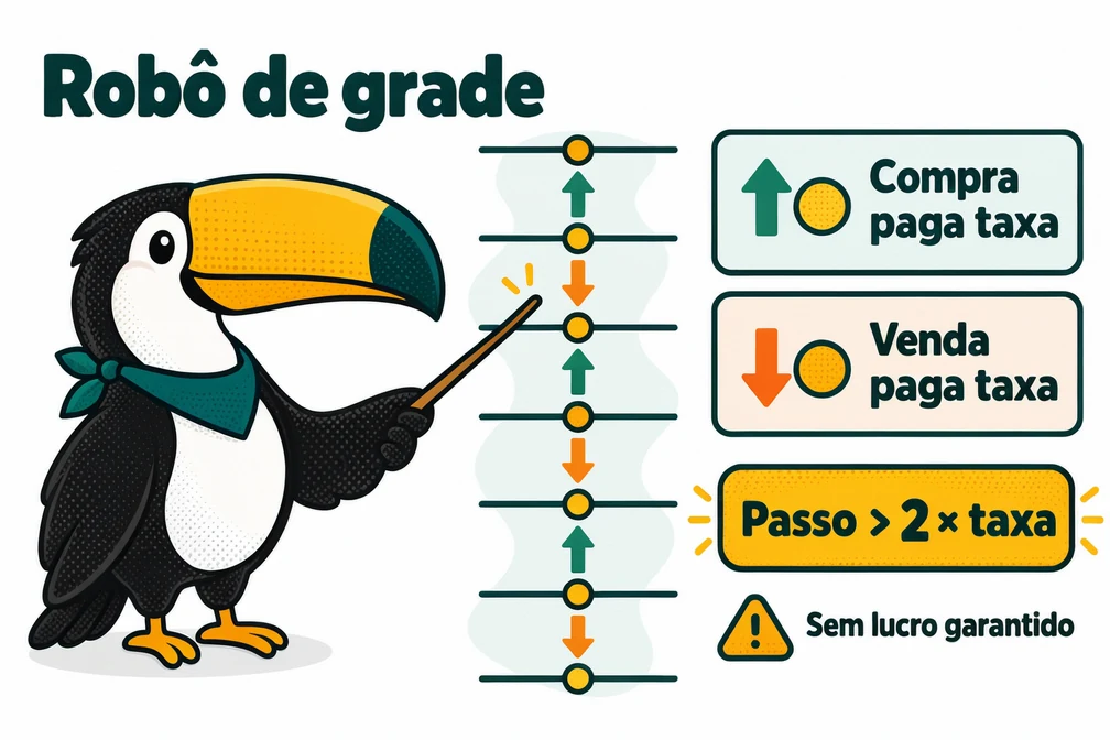 Tuca explica que no robô de grade da Pionex cada ciclo paga taxa duas vezes, na compra e na venda