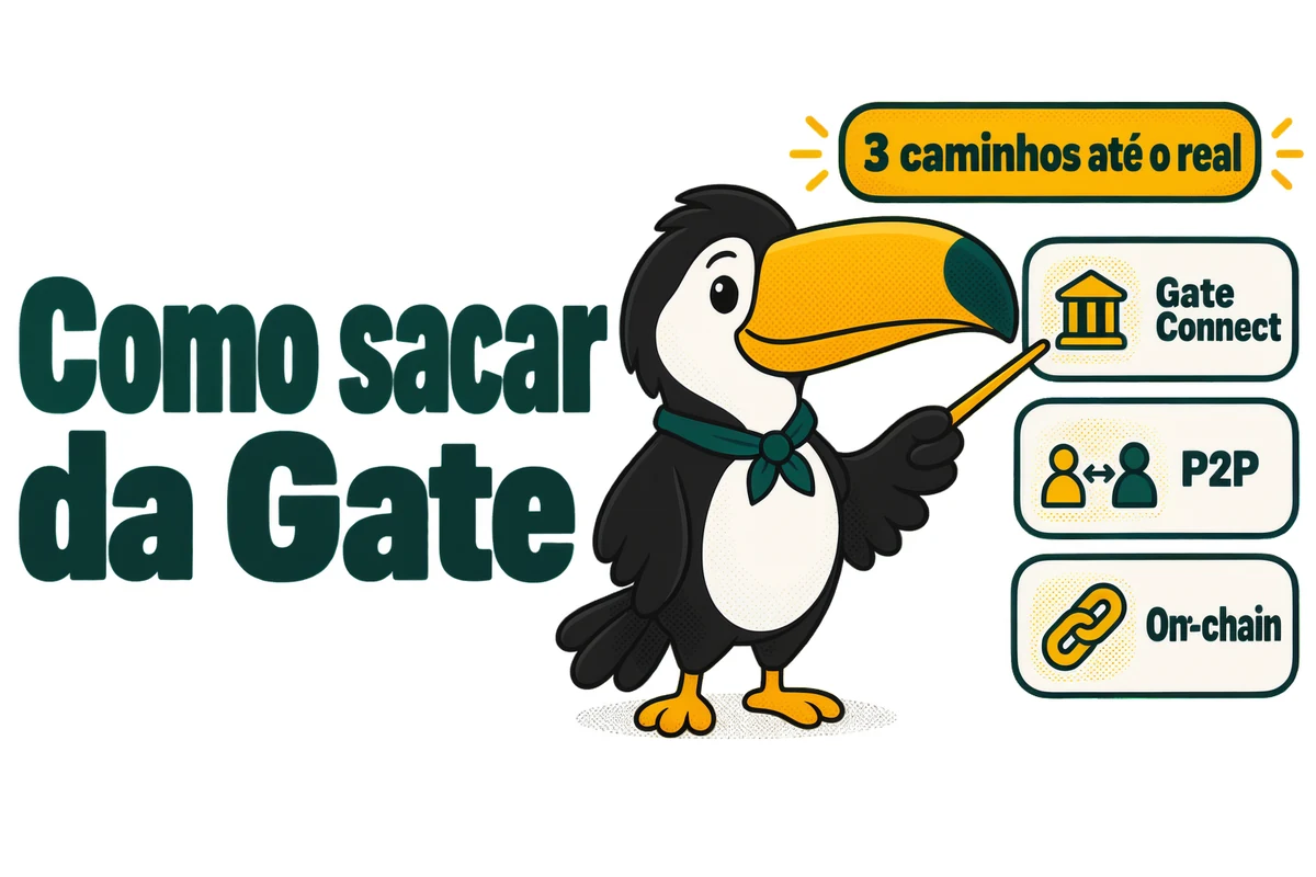 Tuca mostra os 3 caminhos para sacar da Gate até o real: Gate Connect, P2P e on-chain