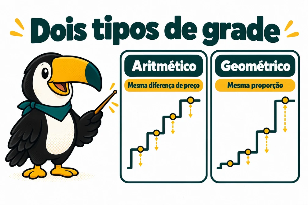 Tuca ensina a diferença entre grade aritmética, com degraus iguais, e geométrica, com mesma proporção, na Binance