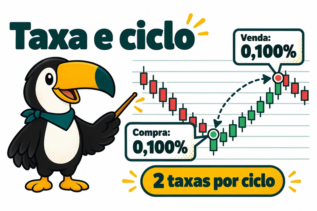 Tuca mostra que na BingX compra e venda pagam 0,100% e cada ciclo da grade paga a taxa duas vezes
