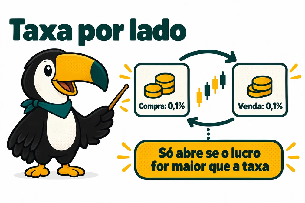 Tuca mostra que na Bitget cada lado do ciclo paga 0,1% e o robô só abre ordens quando o lucro da grade supera a taxa