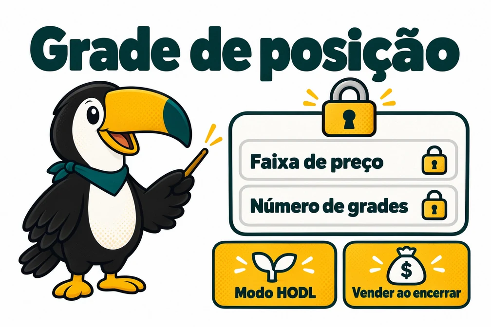 Tuca explica que na grade de posição da Bitget a faixa e o número de grades são fixos e só se escolhe entre modo HODL e vender ao encerrar
