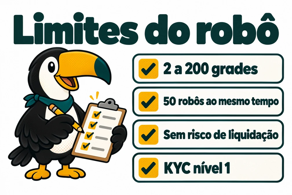 Tuca lista os limites do robô de grade spot da Bybit: de 2 a 200 grades, até 50 robôs e KYC nível 1