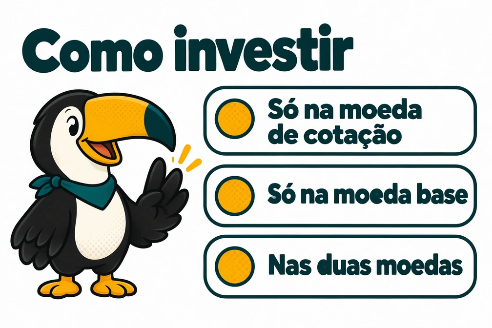 Tuca mostra as três formas de investir no robô de grade da OKX: moeda de cotação, moeda base ou as duas