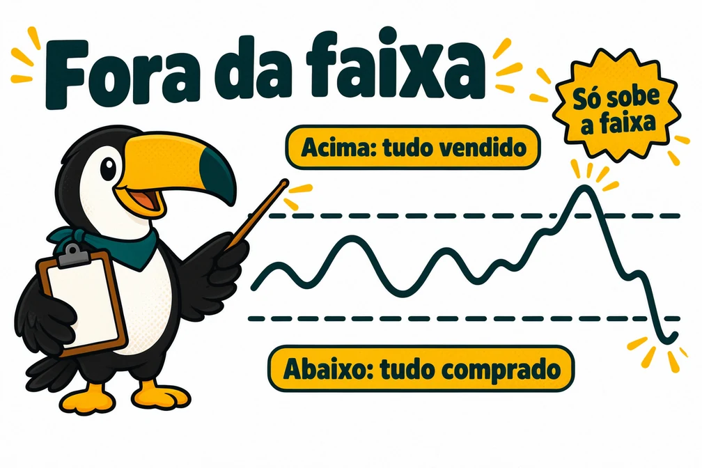 Tuca explica o que o robô de grade da Pionex faz quando o preço sai da faixa: tudo vendido acima, tudo comprado abaixo