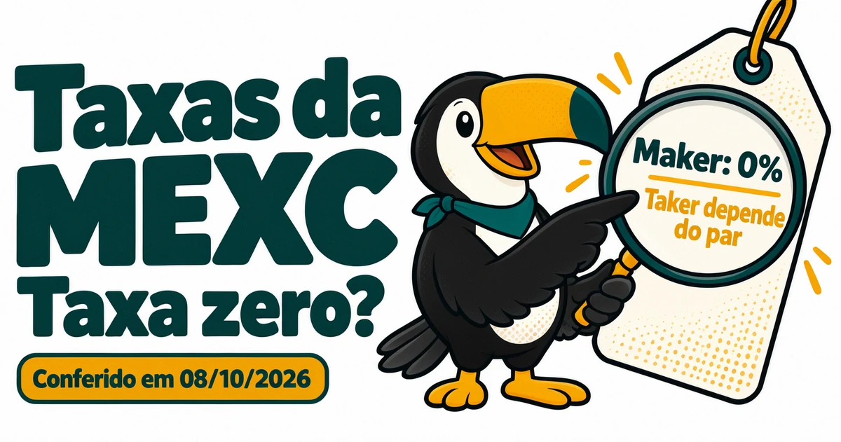 Tuca examina com uma lupa a etiqueta de taxa zero da MEXC: maker 0% e taker que depende do par